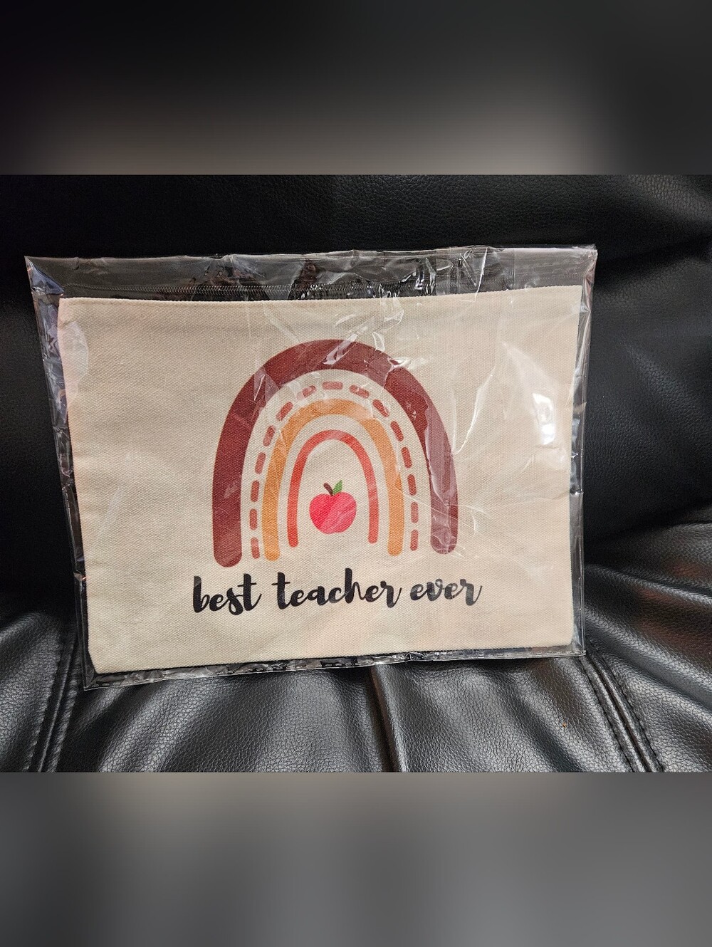 Canvas 'Best Teacher Ever' Pouch in Cream with Rust Rainbow